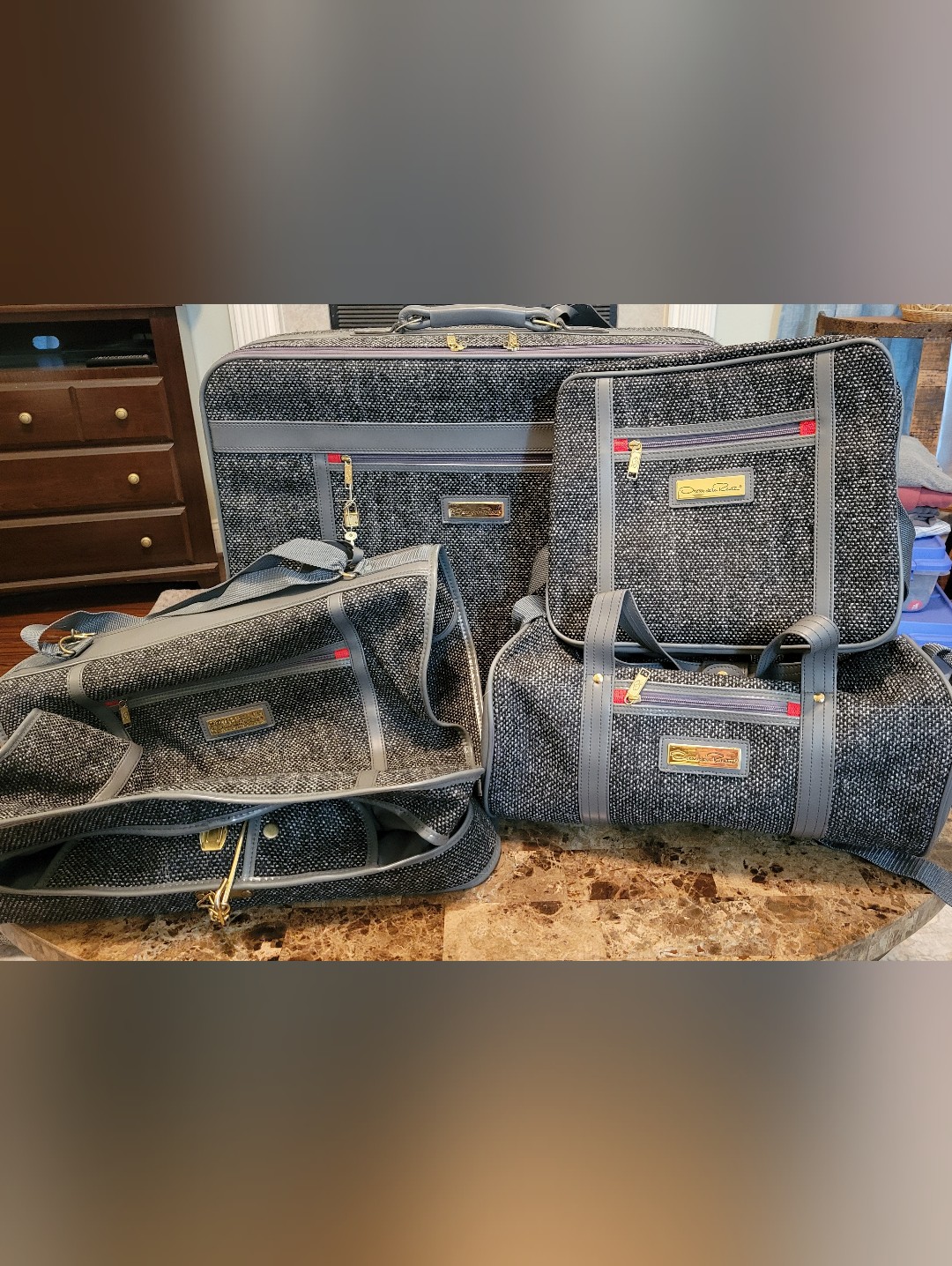 Oscar De La Renta Gray Tweed Textured Travel Bag Set With Gold Hardware